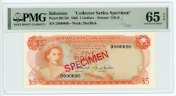 Bahamas 5 Dollars 1968 Collector Series Specimen PMG 65 EPQ Gem Uncirculated

P# 29CS2, N# 223363; # D000000; UNC