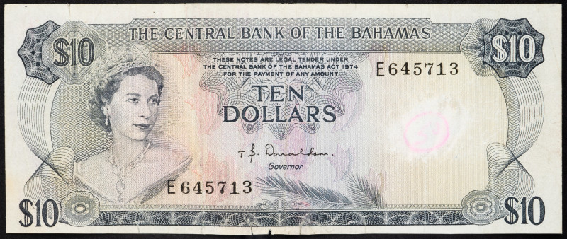 Bahamas 10 Dollars 1974

P# 38a, N# 223030; # E645713; F, with small edge tear...