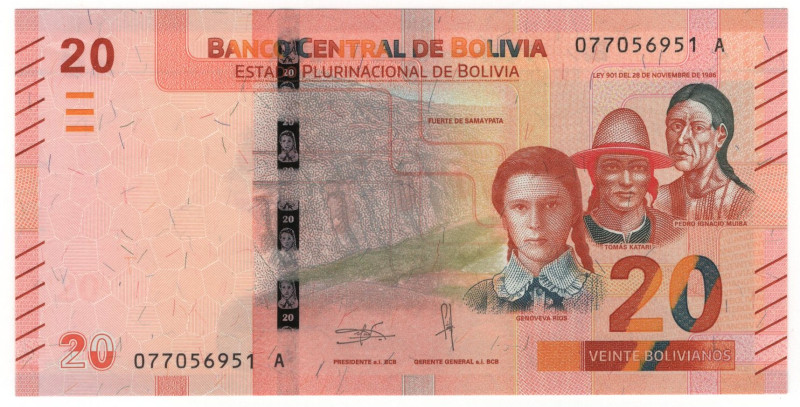 Bolivia 20 Bolivianos 2018 (ND)

P# 249, N# 210038; # A 077056951; UNC