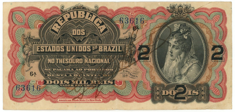 Brazil 2000 Reis 1918 (ND)

P# 13a, N# 207882; # 6A 63616; VF