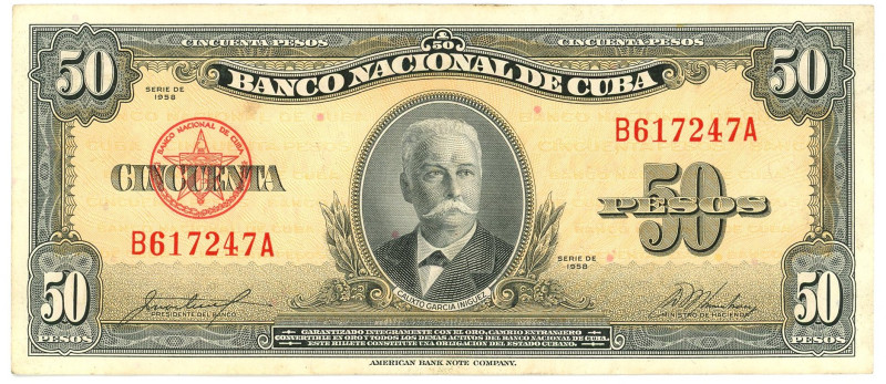 Cuba 50 Pesos 1958

P# 81b, N# 205094; # B 617247 A; XF