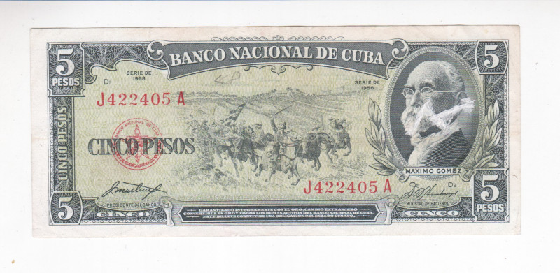 Cuba 5 Pesos 1958

P# 91a, N# 213556; # J422405A; XF+