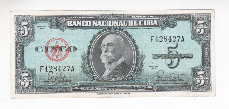 Cuba 5 Pesos 1960

P# 92a, N# 219711; # F428427A; XF+