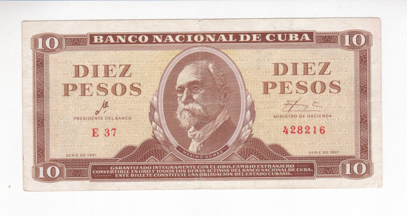 Cuba 10 Pesos 1961

P# 96a, N# 219527; # E37 428216; XF+