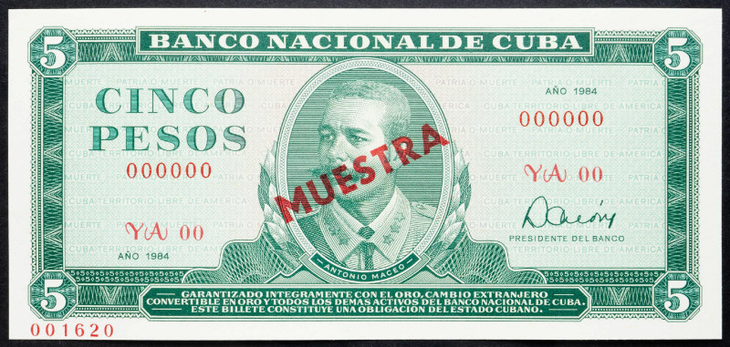 Cuba 5 Pesos 1984 Specimen

P# 103s, N# 205101; # YA00 000000; Printed Muestra...