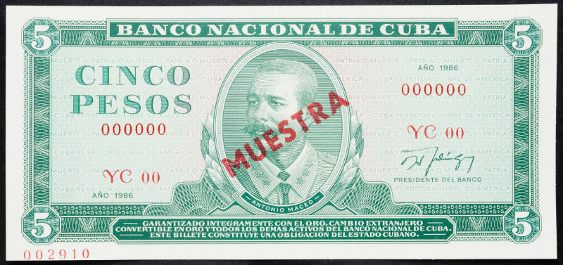 Cuba 5 Pesos 1986 Specimen

P# 103s, N# 205101; # YC00 000000; Printed Muestra...