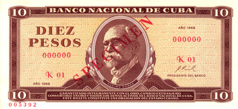 Cuba 10 Pesos 1968 Specimen

P# 104s, N# 205104; # K 01 000000 005392; UNC