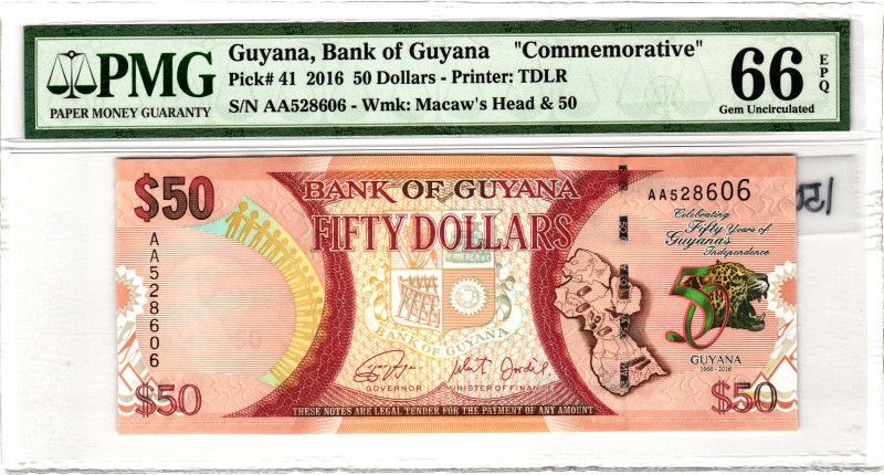 Guyana 50 Dollars 2016 PMG 66 EPQ Gem Unc

P# 41, N# 201698; # AA 528606