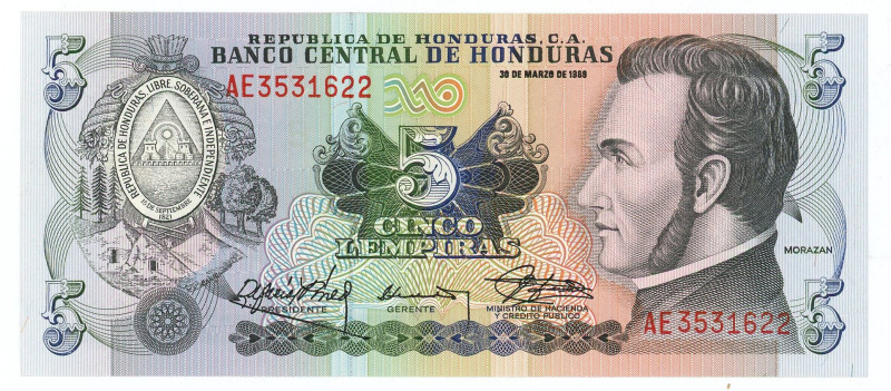 Honduras 5 Lempiras 1989

P# 63b, N# 202430; # AE 3531622; UNC