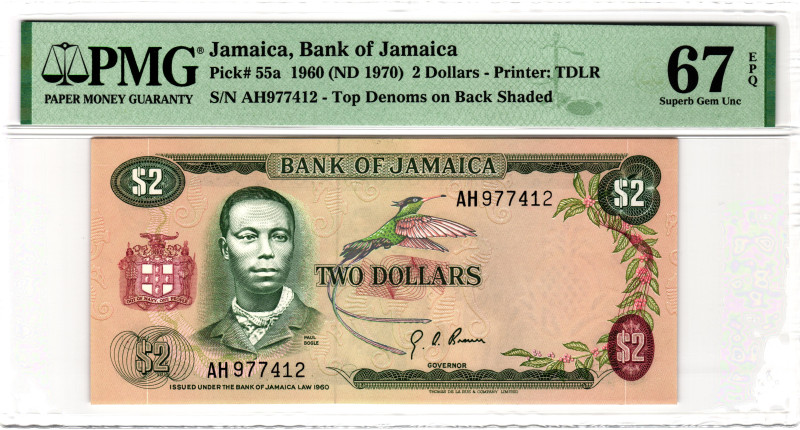 Jamaica 2 Dollars 1960 (1970) (ND) PMG 67 EPQ Superb Gem Unc

P# 55a, N# 21057...