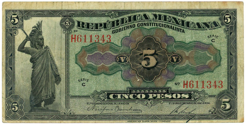 Mexico Gobierno 5 Pesos 1915

P# S685, N# 223684; # C H 611343; VF