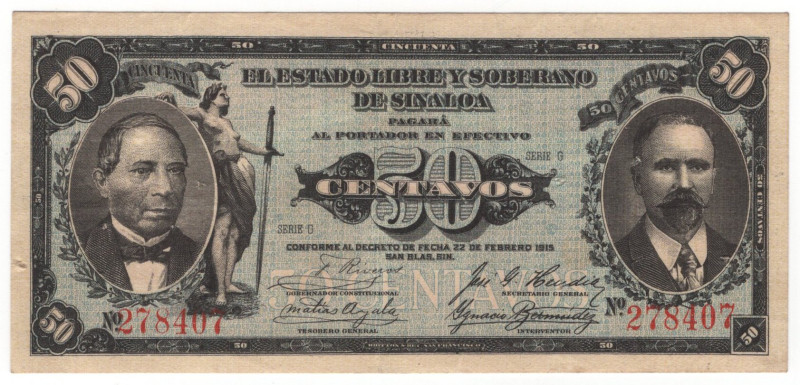 Mexico El Estado Libre y Soberano de Sinaloa 50 Centavos 1915

P# S1042, N# 22...