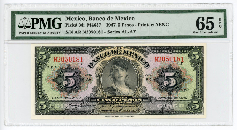 Mexico 5 Pesos 1947 PMG 65 EPQ Gem Uncirculated

P# 34i, N# 210789; # AR N2050...