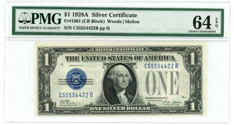 United States Silver Certificate 1 Dollar 1928 Fancy Number PMG 64 EPQ Choice Un...