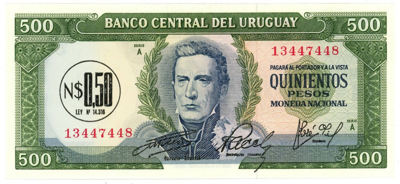 Uruguay 0,50 Nuevos Pesos 1975 (ND)

P# 54, N# 210096; # A 13447448; Overprint...