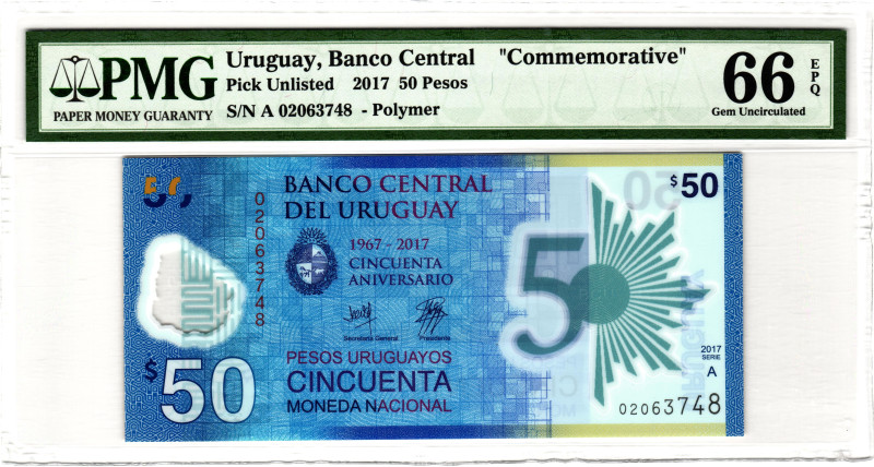 Uruguay 50 Pesos 2017 PMG 66 EPQ Gem Unc

P# 100, N# 201623; # A 02063748