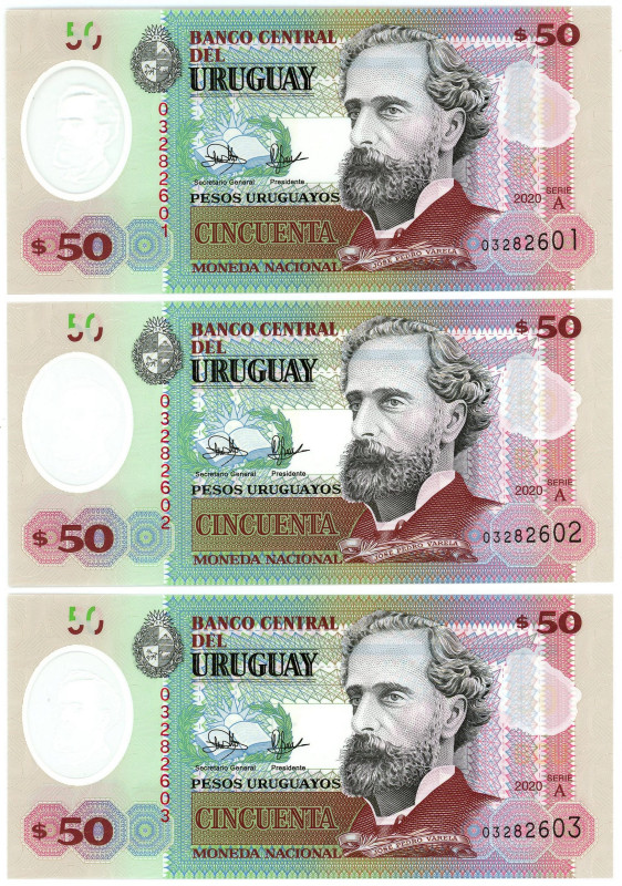 Uruguay 3 x 50 Pesos 2020 Consecutive Numbers

P# 102a, N# 238829; # A 0328260...