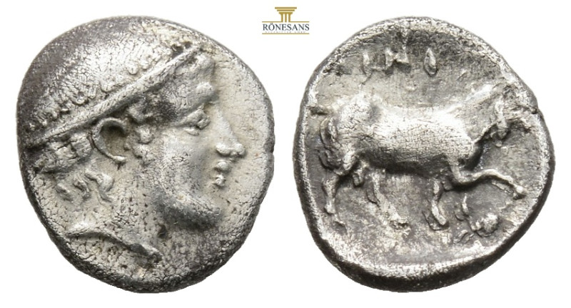 Thrace, Ainos AR Diobol. Circa 435-405 BC. 1.2 g. 11,9 mm.
Head of Hermes to rig...