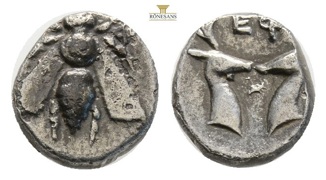 IONIA. Ephesos, circa 390-295 BC. AR Diobol (1,02 g; 8,9 mm) 
Obv. E-Φ. Bee. Rev...