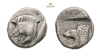 Greek MYSIA, Kyzikos (Circa 450-400 BC) AR obol, ( 0,52 g. 8,2 mm.)
Obv: Forepar...