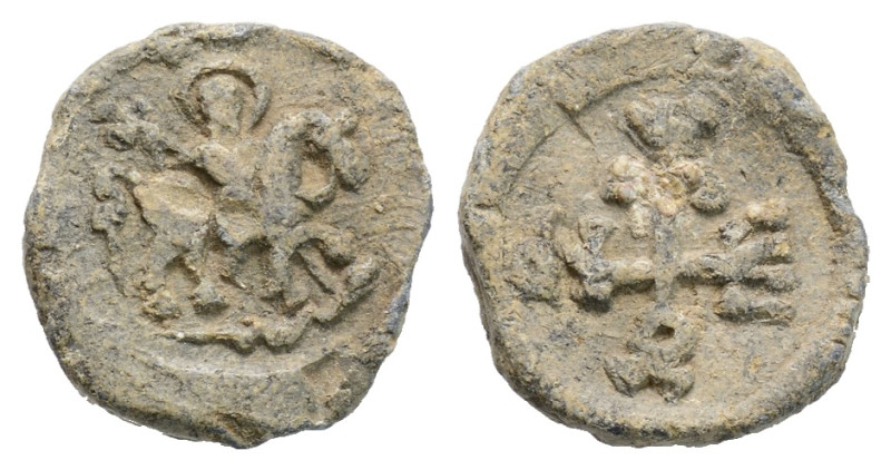 UNCERTAIN Ancient BYZANTINE LEAD SEAL. (4,6 g. 18 mm) Obv.human figure holding a...