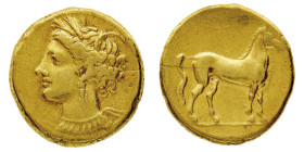 Greek Coins
Zeugitania
Carthage - Electrum Stater 290-270 BC - Obverse: Wreathed head of Tanit facing left, wearing a necklace and triple pendant ea...