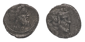 Roman Republican Coins
C. Vibius C.f. Pansa - Denarius 90 BC - Mint: Rome - Obverse: Mask of Pan right - Reverse: Mask of bearded Silenus right - gr....