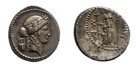 Roman Imperatorial Coins
P. Clodius M.f. Turrinus - Denarius 42 BC - Mint: Rome - Obverse: Laureate head of Apollo right; lyre to left - Reverse: Luc...