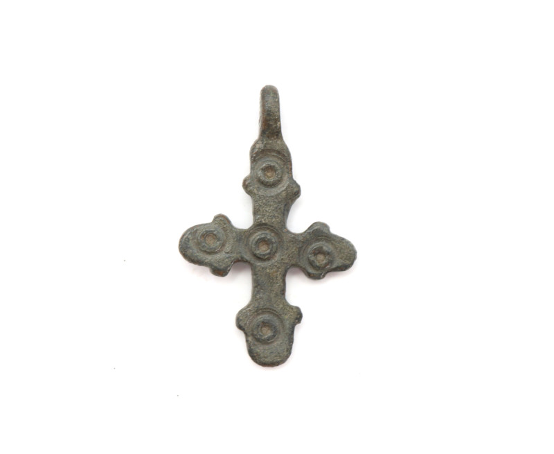 A bronze cross pendant with nice green patina and loop intact, punctual decorati...