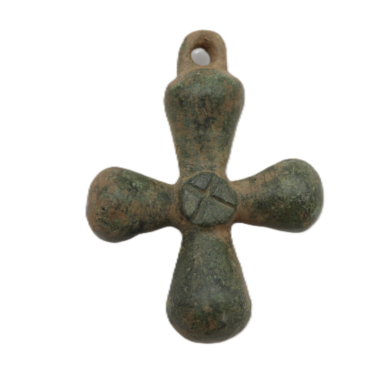 A heavy bronze cross pendant with centre sell and four expanding arms , suspensi...