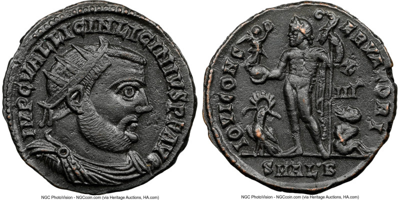 Licinius I (AD 308-324). BI follis or reduced nummus (19mm, 12h). NGC AU. Alexan...