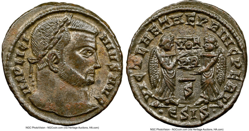 Licinius I (AD 308-324). AE3 or BI nummus (19mm, 1h). NGC AU. Siscia, 5th offici...