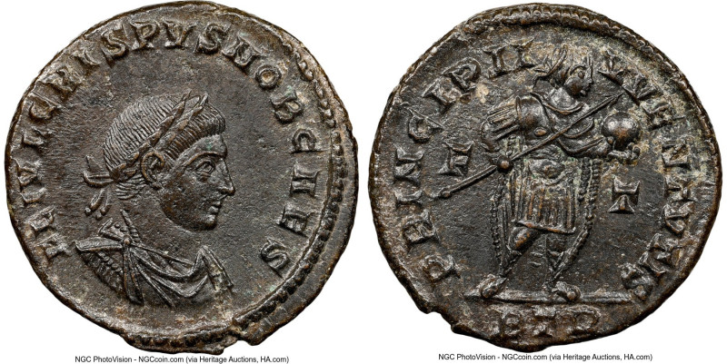 Crispus (AD 316-326). BI follis or reduced nummus (19mm, 12h). NGC Choice AU. Tr...