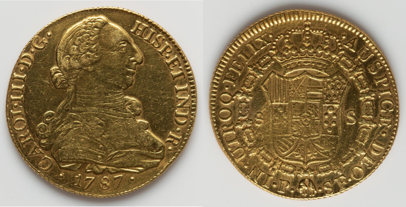 Charles III gold 8 Escudos 1787 P-SF XF (Cleaned), Popayan mint, KM50.2, Cal-205...