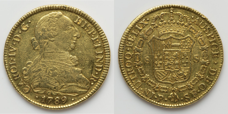 Charles IV gold 8 Escudos 1789 P-SF XF, Popayan mint, KM53.2. 36.9mm. 26.90gm. T...