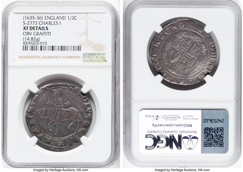 Charles I 1/2 Crown ND (1635-1636) XF Details (Obverse Graffiti) NGC, Tower mint...