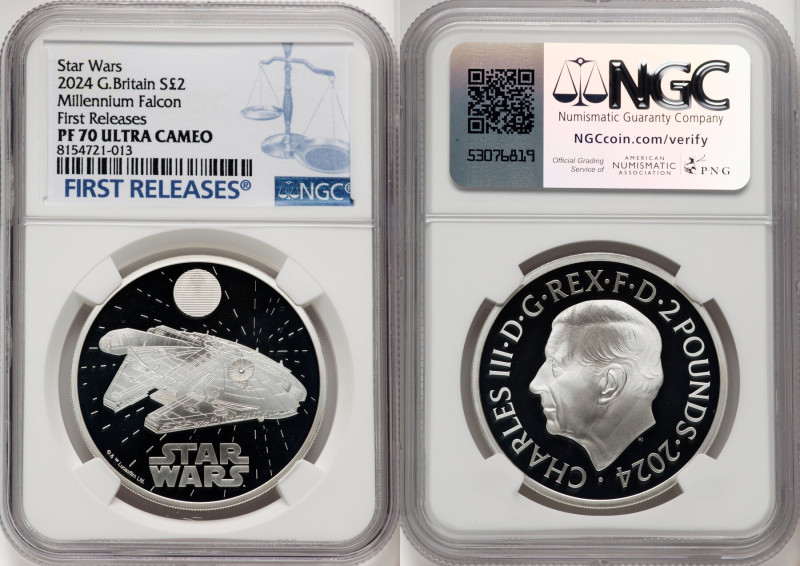 Charles III silver Proof "Millennium Falcon" 2 Pounds (1 oz) 2024 PR70 Ultra Cam...