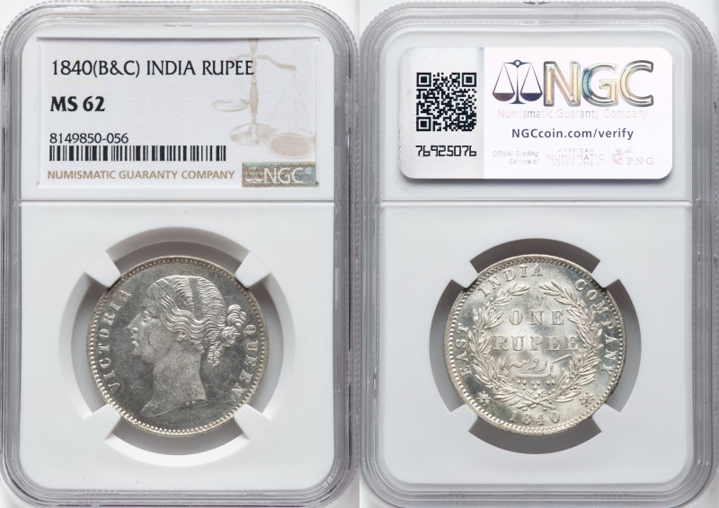 British India. Victoria Pair of Certified Rupees 1840 (b & c) MS62 NGC, Calcutta...