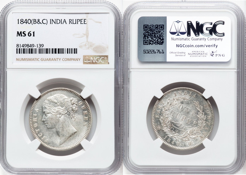 British India. Victoria Pair of Certified Rupees 1840-(b & c) MS61 NGC, Calcutta...