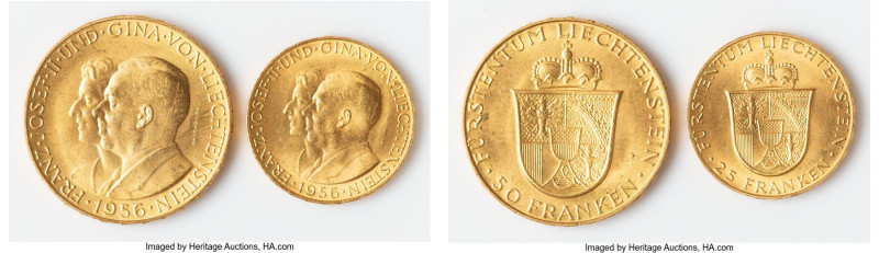 Franz Joseph II gold Uncertified 2-Piece Set 1956 UNC, 1) 25 Franken, KM-Y15. 20...