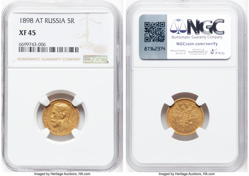 Nicholas II gold 5 Roubles 1898-AГ XF45 NGC, St. Petersburg mint, KM-Y62, Fr-180...