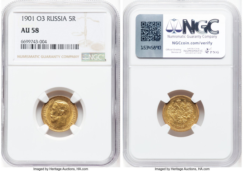 Nicholas II gold 5 Roubles 1901-ФЗ AU58 NGC, St. Petersburg mint, KM-Y62, Fr-180...