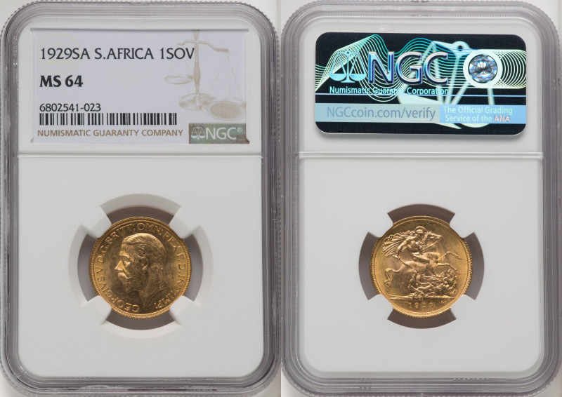 George V gold Sovereign 1929-SA MS64 NGC, Pretoria mint, KM-A22, S-4005. HID0980...