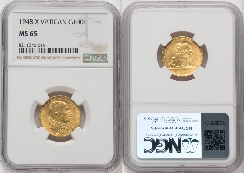 Pius XII gold 100 Lire Anno X (1948) MS65 NGC, Rome mint, KM39. Mintage: 5,000. ...