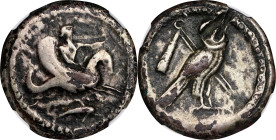 SYRIA. Phoenicia. Tyre. Plated Didrachm Fourree, ca. Mid-4th Century B.C. NGC FINE. Core Visible, Test Cut.

cf. HGC-10, 349. Obverse: Bearded deity...