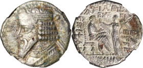 PARTHIA. Vardanes I, A.D. 38-46. BI Tetradrachm, Dated SE 355 (A.D. 43/4). NGC Ch VF. Graffiti, Scratches.

Sellwood-64.20/27. Obverse: Diademed bus...