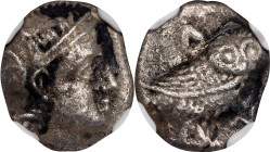 BAKTRIA. Local Issues. AR Hemidrachm, ca. 295/3-285/3 B.C. NGC Ch F.

HGC-12, 9. Imitating Athens. Obverse: Head of Athena right, wearing crested at...