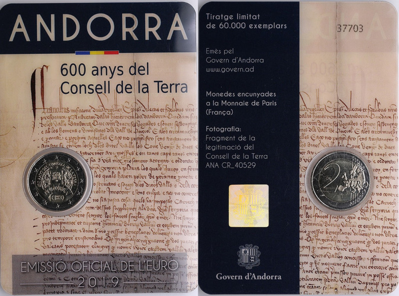 Andorra (Paris Mint) 2 Euros 2019 – 600th Anniversary of the Council of the Land...