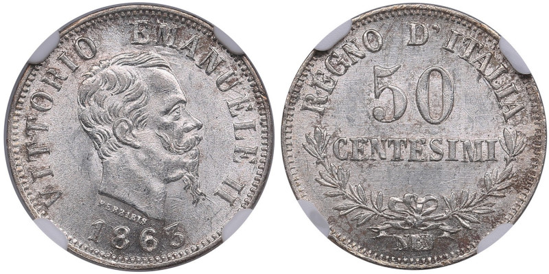 Italy 50 Centesimi 1863 N BN - Vittorio Emanuele II (1861-1878) - NGC MS 62
Sple...