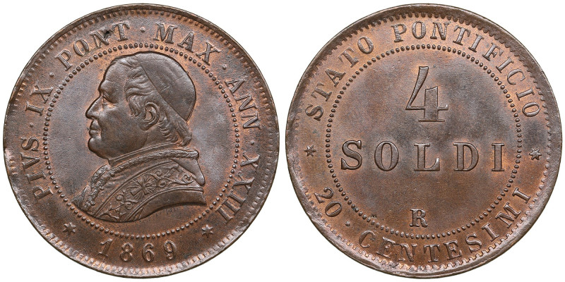 Italy. Papal States (Rome Mint) 4 Soldi (20 Centesimi) 1869 (ANNO 23) – Pius IX ...